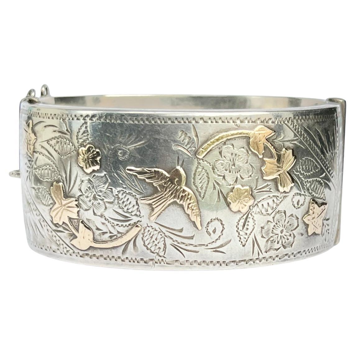 Victorian Gold Overlay Ornate Silver Bangle For Sale