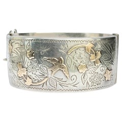 Victorian Gold Overlay Ornate Silver Bangle