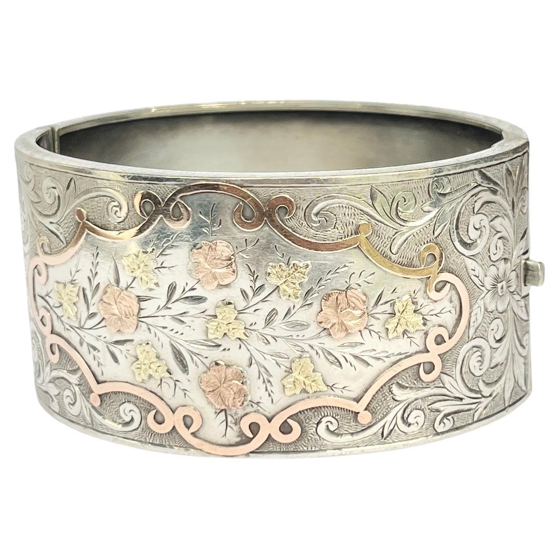 Victorian Gold Overlay Ornate Silver Bangle For Sale