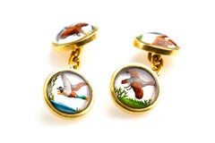 Victorian Gold & Painted Crystal Cufflinks of Game Birds in Flight, English 1900
