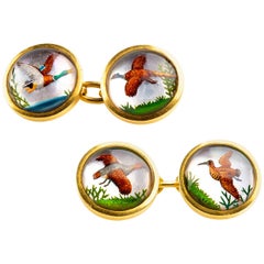 Victorian Gold & Painted Crystal Cufflinks of Game Birds in Flight, English 1900