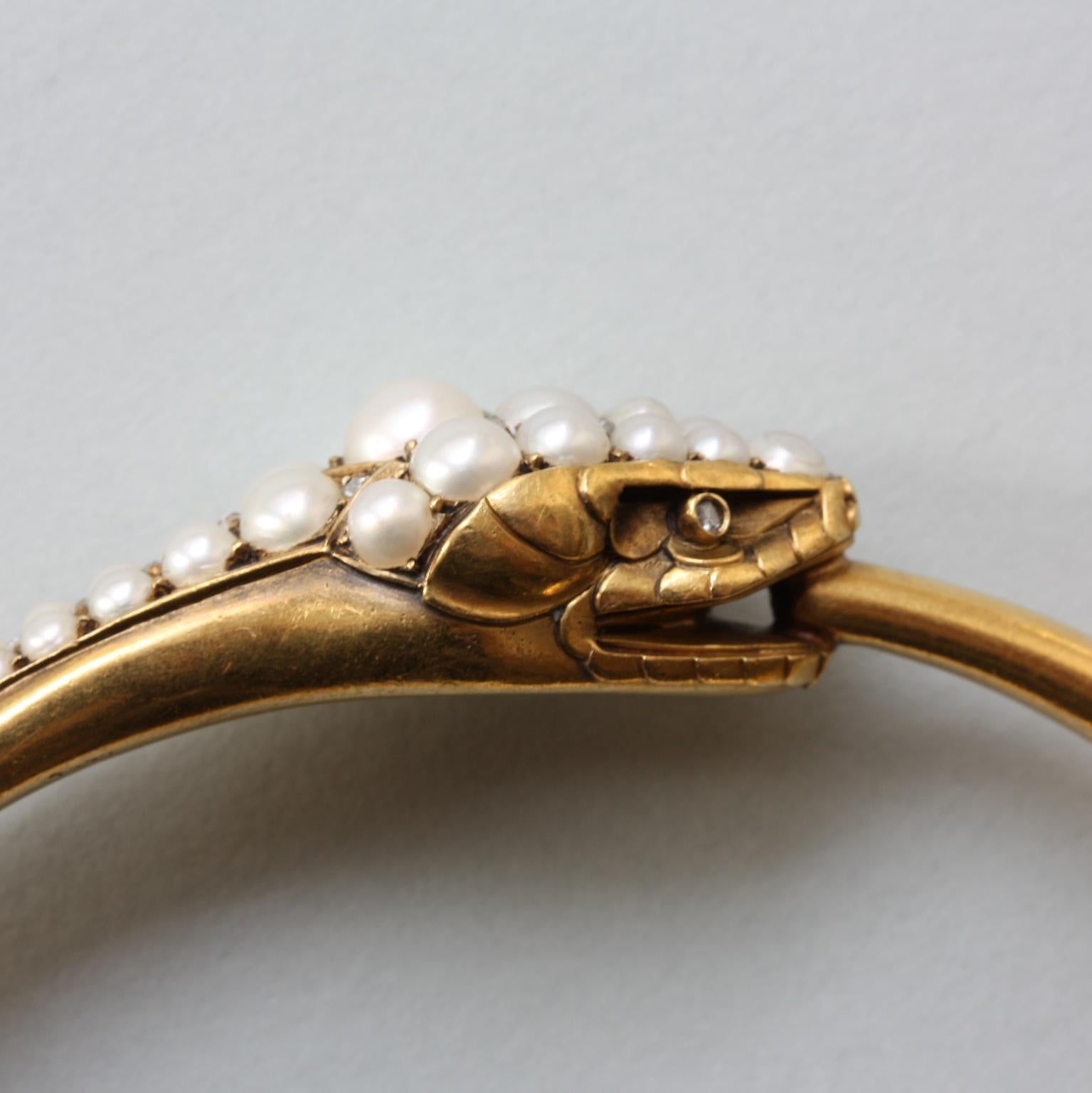 Women's or Men's Victorian Gold, Pearl and Diamond Snake Bracelet