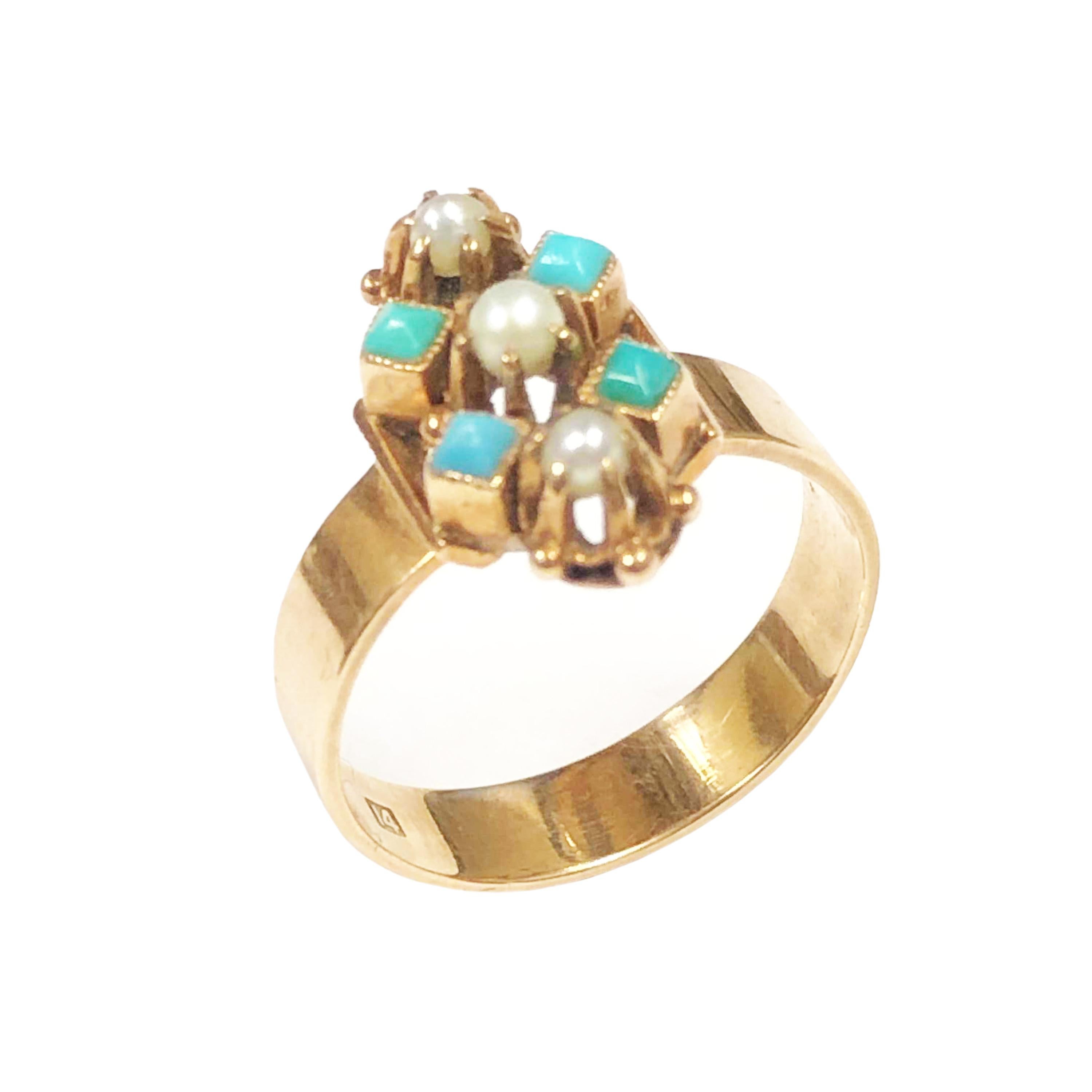 Victorian Gold Pearl and Turquoise Ring in Original Gift Box In Excellent Condition In Chicago, IL