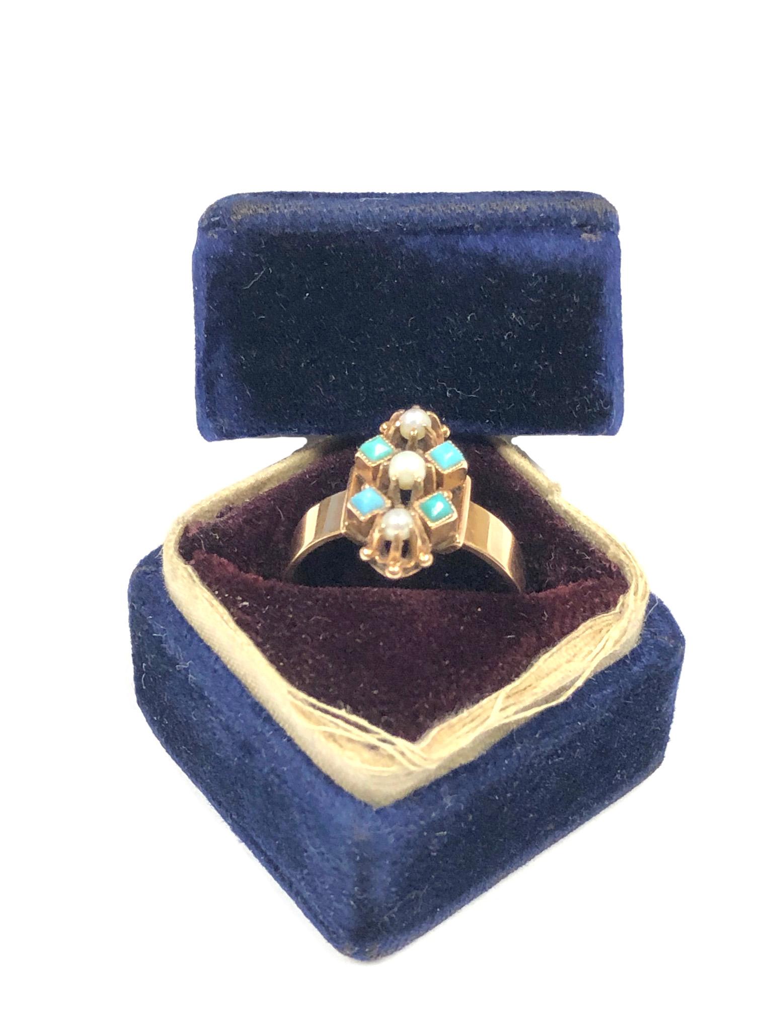 Women's Victorian Gold Pearl and Turquoise Ring in Original Gift Box