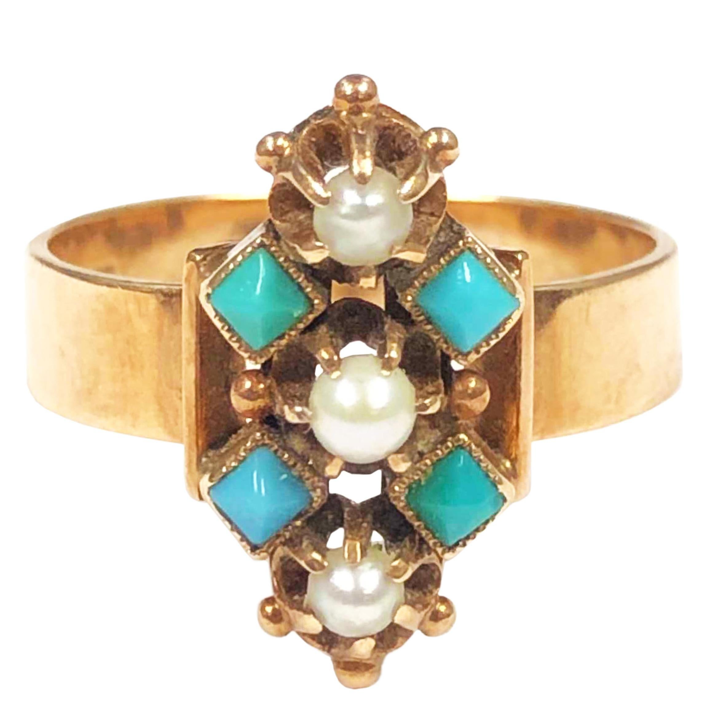 Victorian Gold Pearl and Turquoise Ring in Original Gift Box