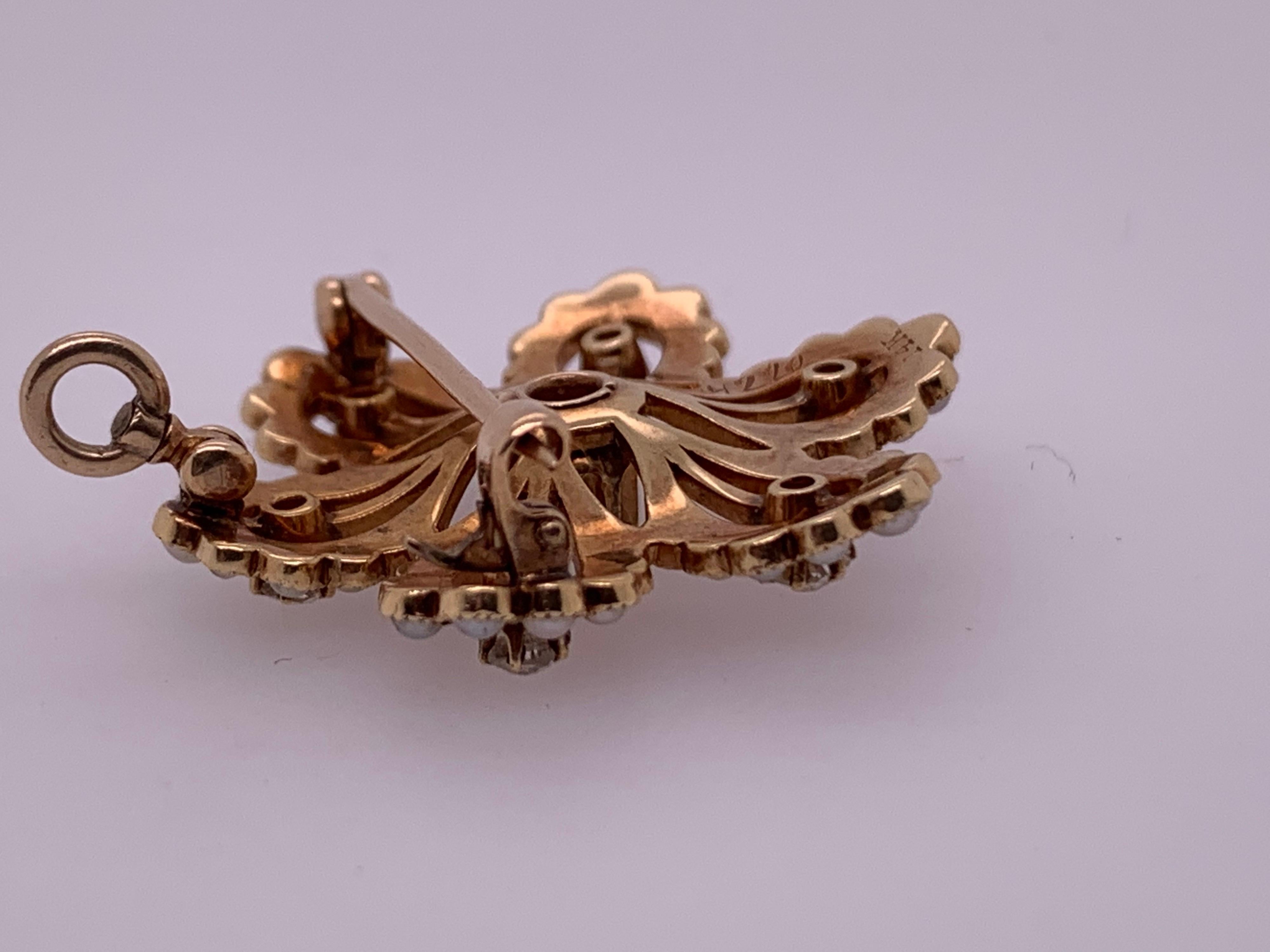 Victorian Gold Pendant & Brooche .65 Carat Natural Old Euro Diamond & Pearl Pin For Sale 1