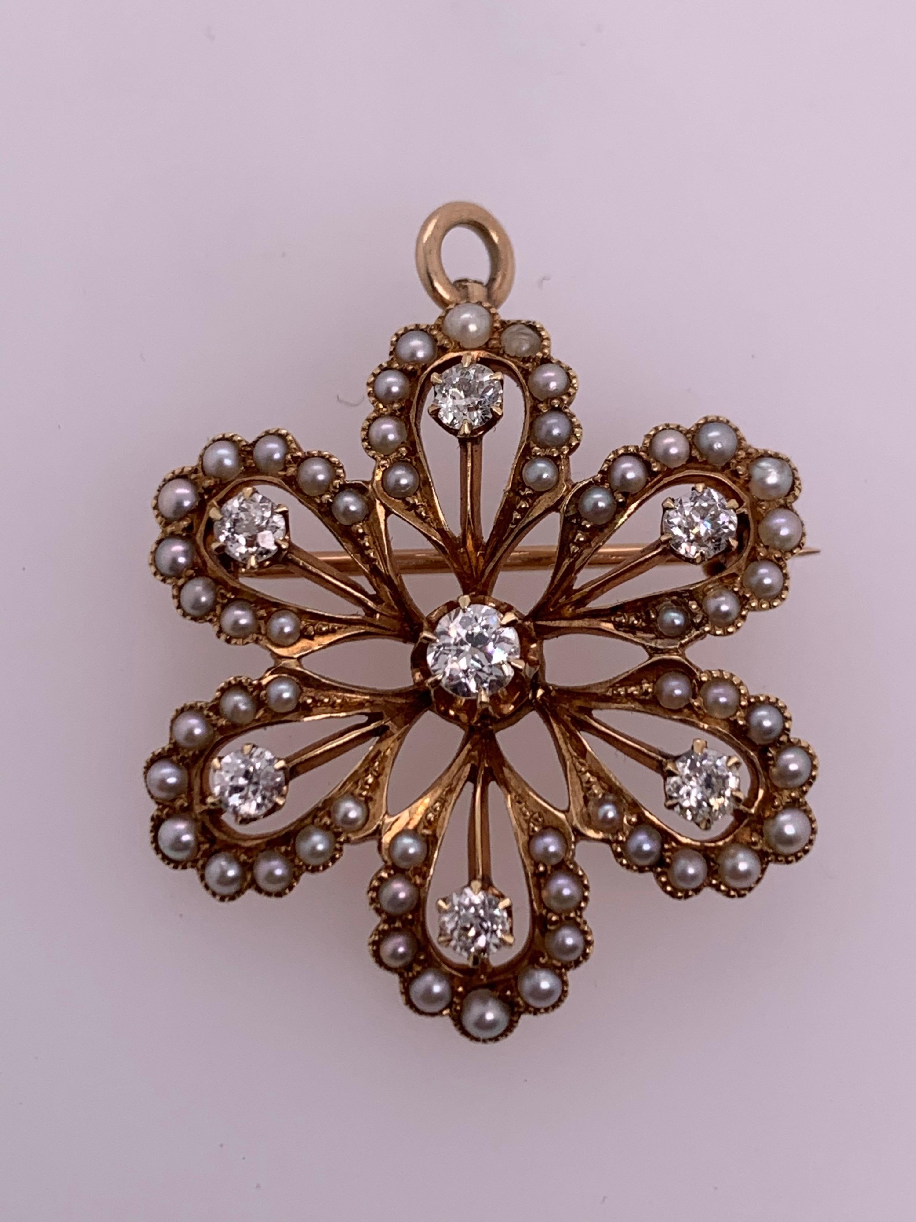 Victorian Gold Pendant & Brooche .65 Carat Natural Old Euro Diamond & Pearl Pin For Sale 3