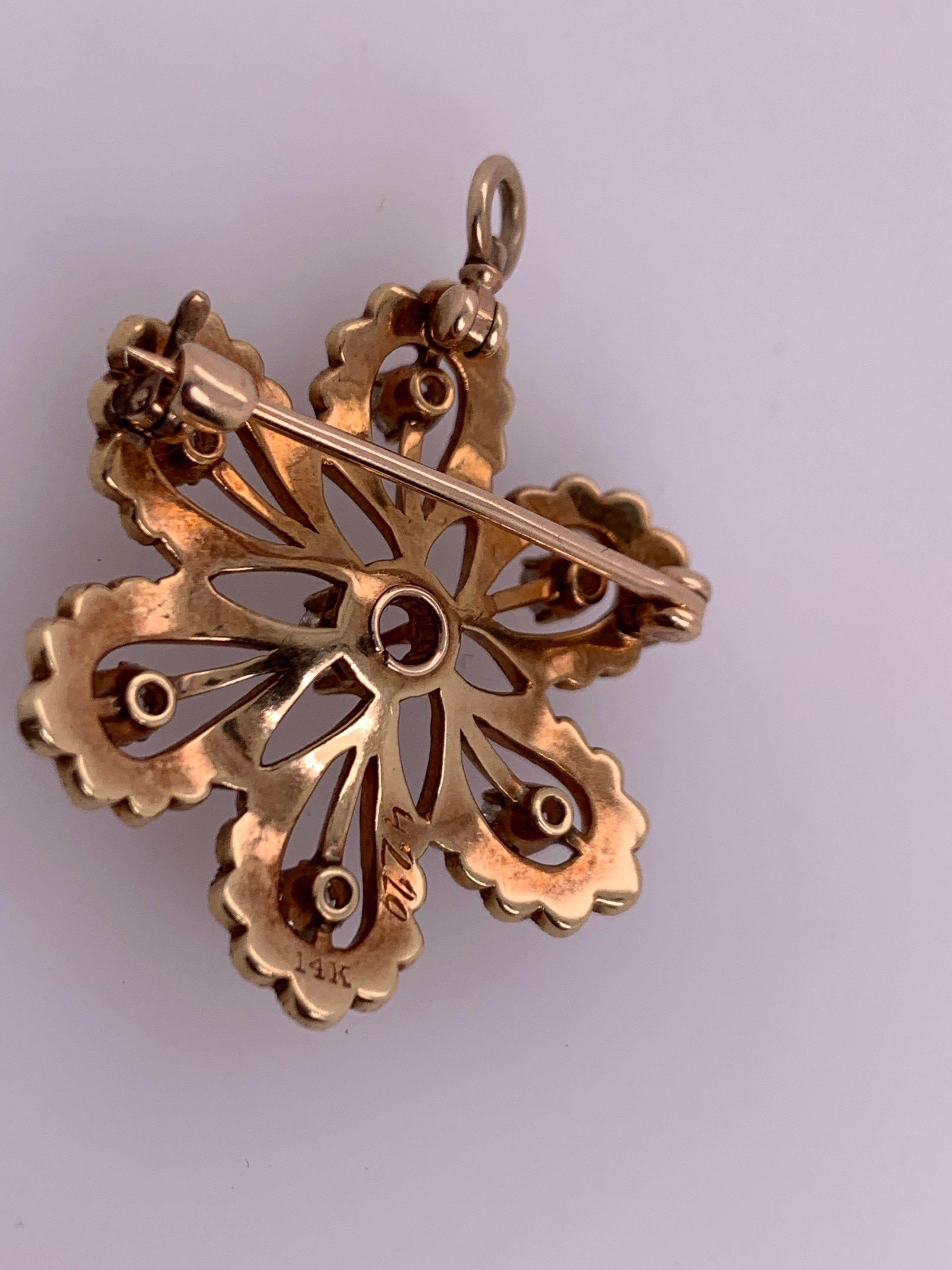 Victorian Gold Pendant & Brooche .65 Carat Natural Old Euro Diamond & Pearl Pin For Sale 4