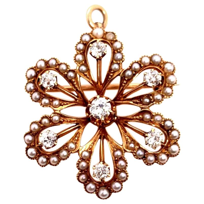 Viktorianischer Gold Anhänger & Brooche 0,65 Karat natürlicher alter Euro Diamant & Perle Pin