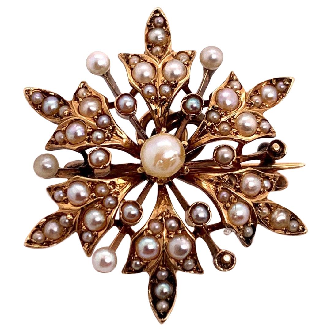 Victorian Gold Pendant Brooche Handcrafted Natural Pearl Gemstone, circa 1910