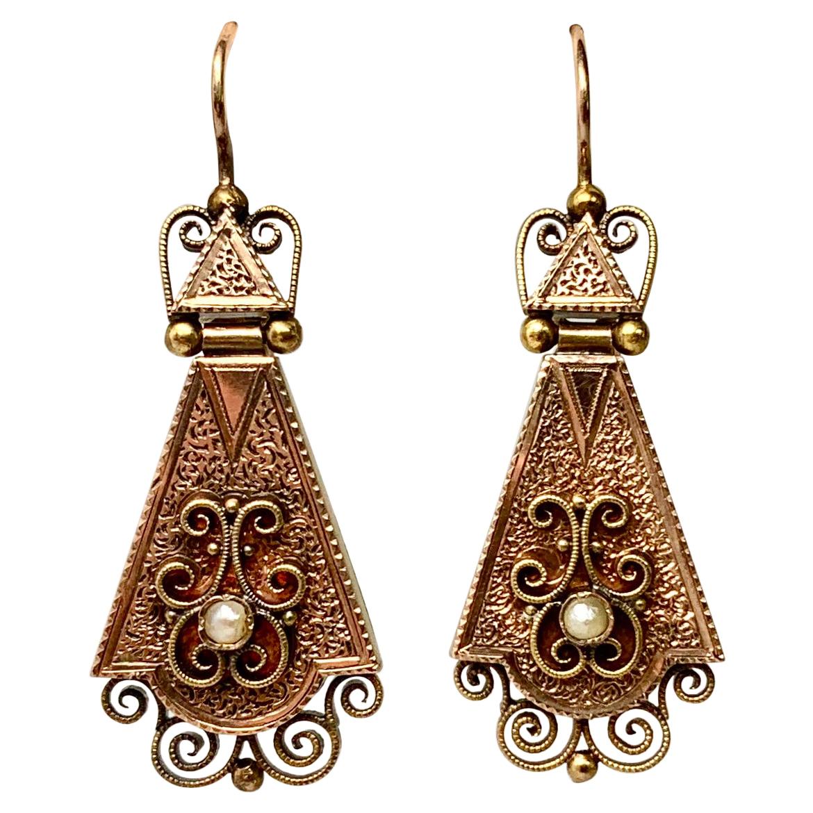 Viktorianische Gold-Ohrringe mit Anhänger, beweglich, etruskisches Revival 14 Karat Filigran