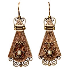 Boucles d'oreilles pendantes en or victorien articulées Revive étrusque 14 Karat Filigree