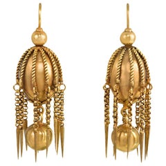 Victorian Gold Pendant Earrings of Ball and Fringe Design