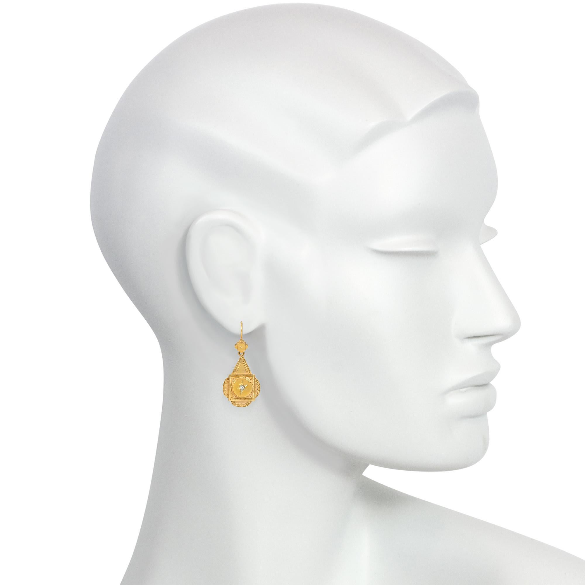 Victorian Gold Pendant Earrings with Rose Diamond Accents, England In Good Condition For Sale In New York, NY