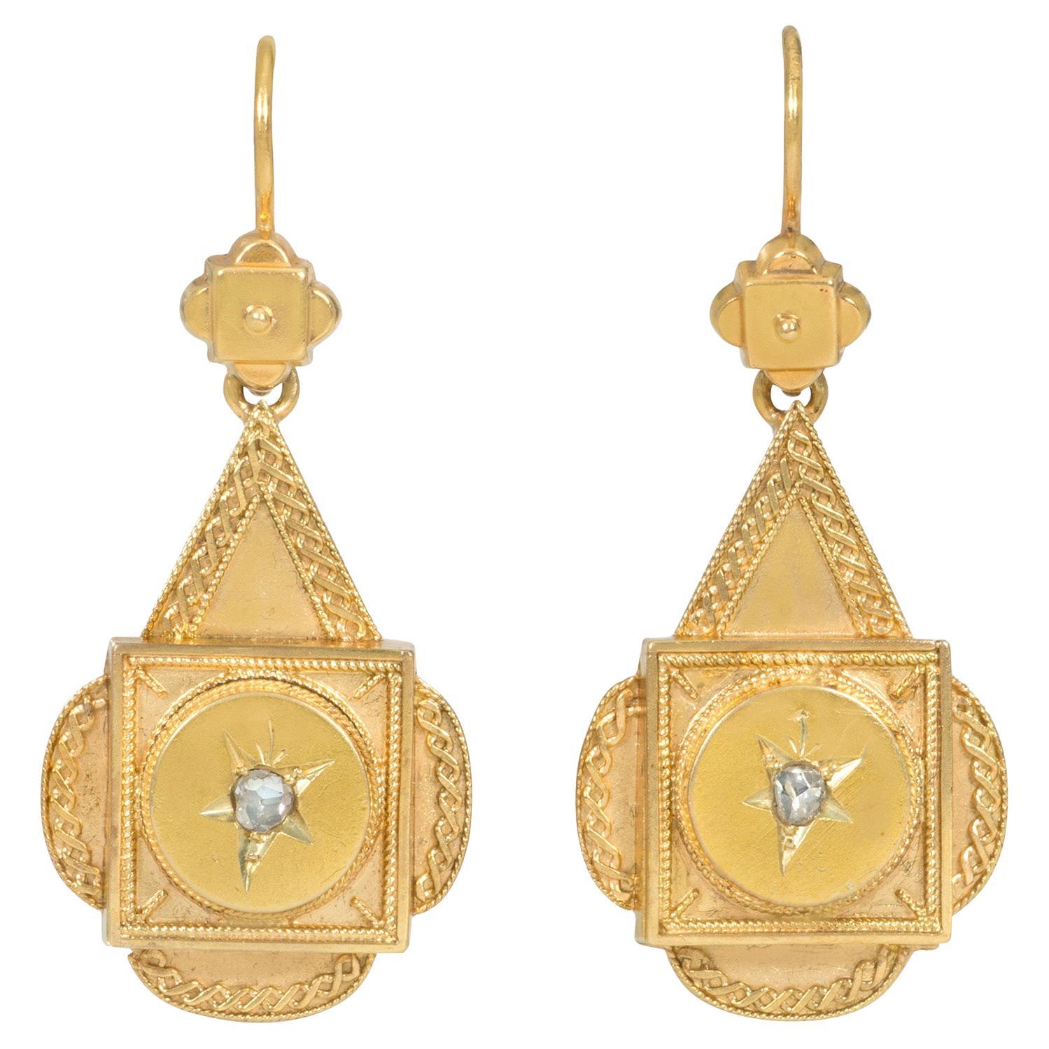 Victorian Gold Pendant Earrings with Rose Diamond Accents, England
