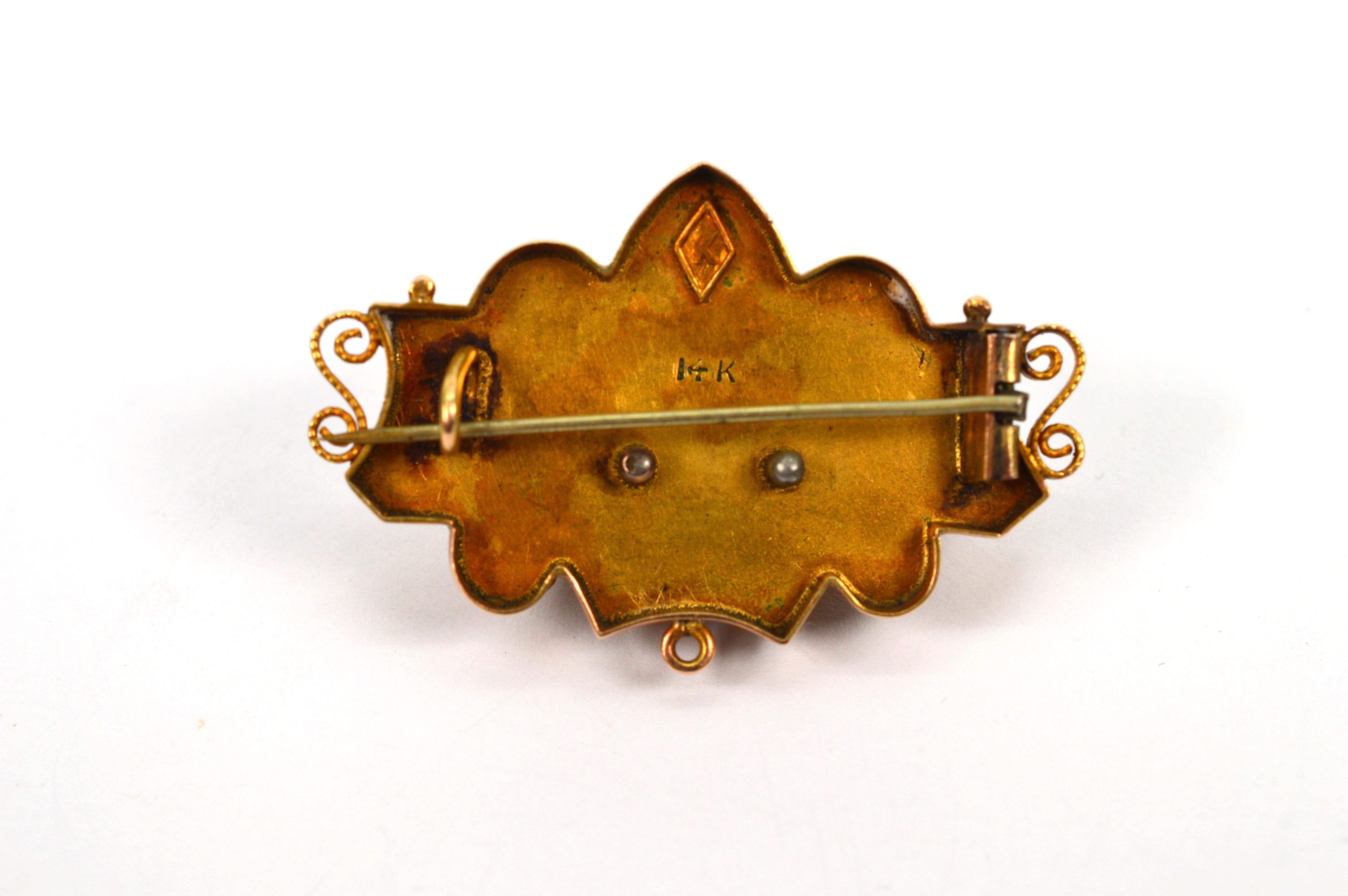 Round Cut Victorian Gold Petite Brooch with Hand Painted Enamel Touches For Sale