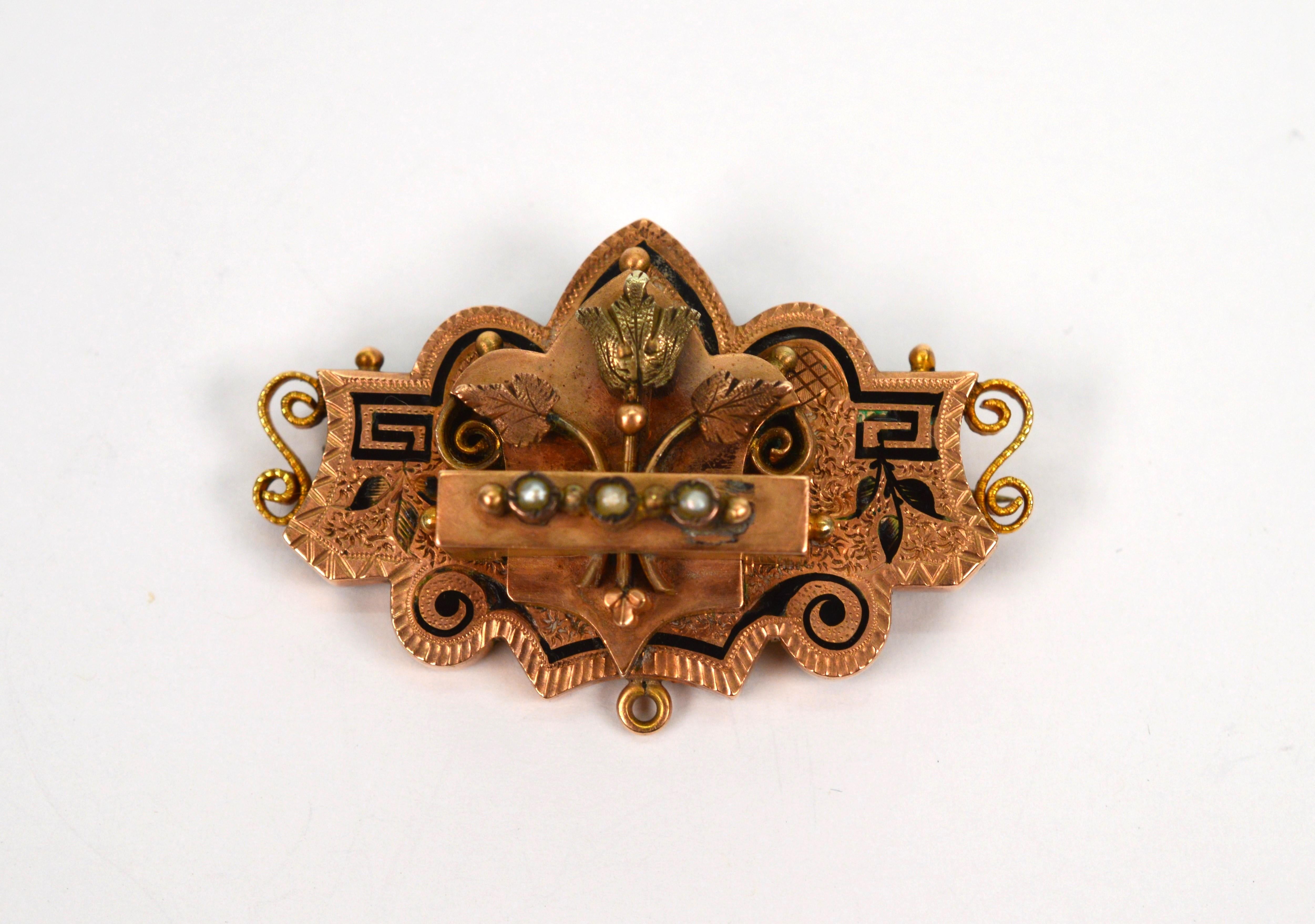 Women's Victorian Gold Petite Brooch with Hand Painted Enamel Touches For Sale