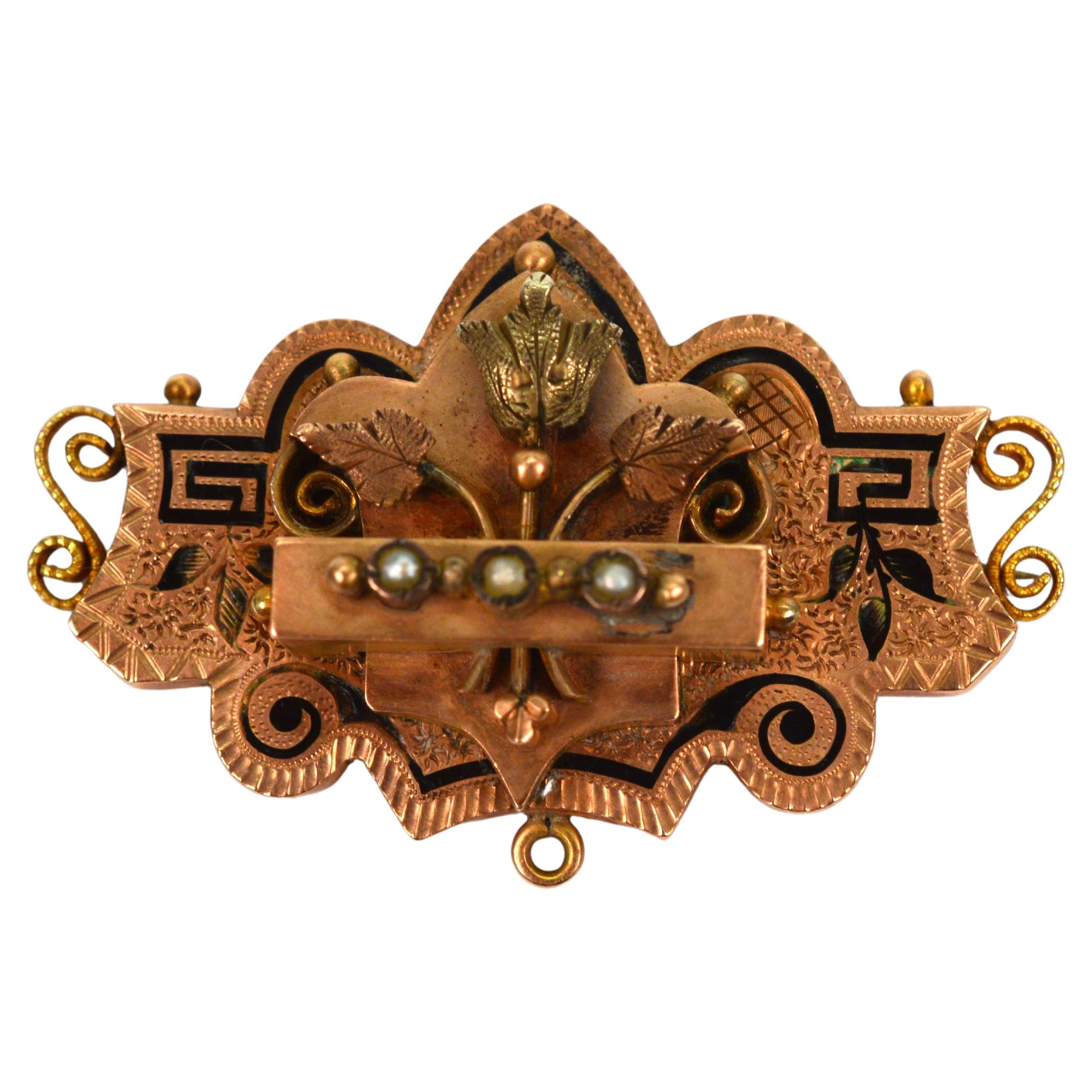 Victorian Gold Petite Brooch with Hand Painted Enamel Touches