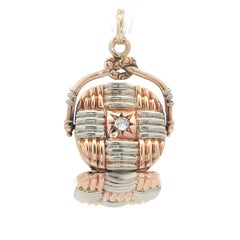 Victorian Gold & Platinum Star Pave Diamond Grooved Basket Weave Swivel Locket