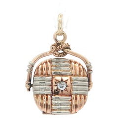 Victorian Gold & Platinum Star Pave Diamond Grooved Basket Weave Swivel Locket