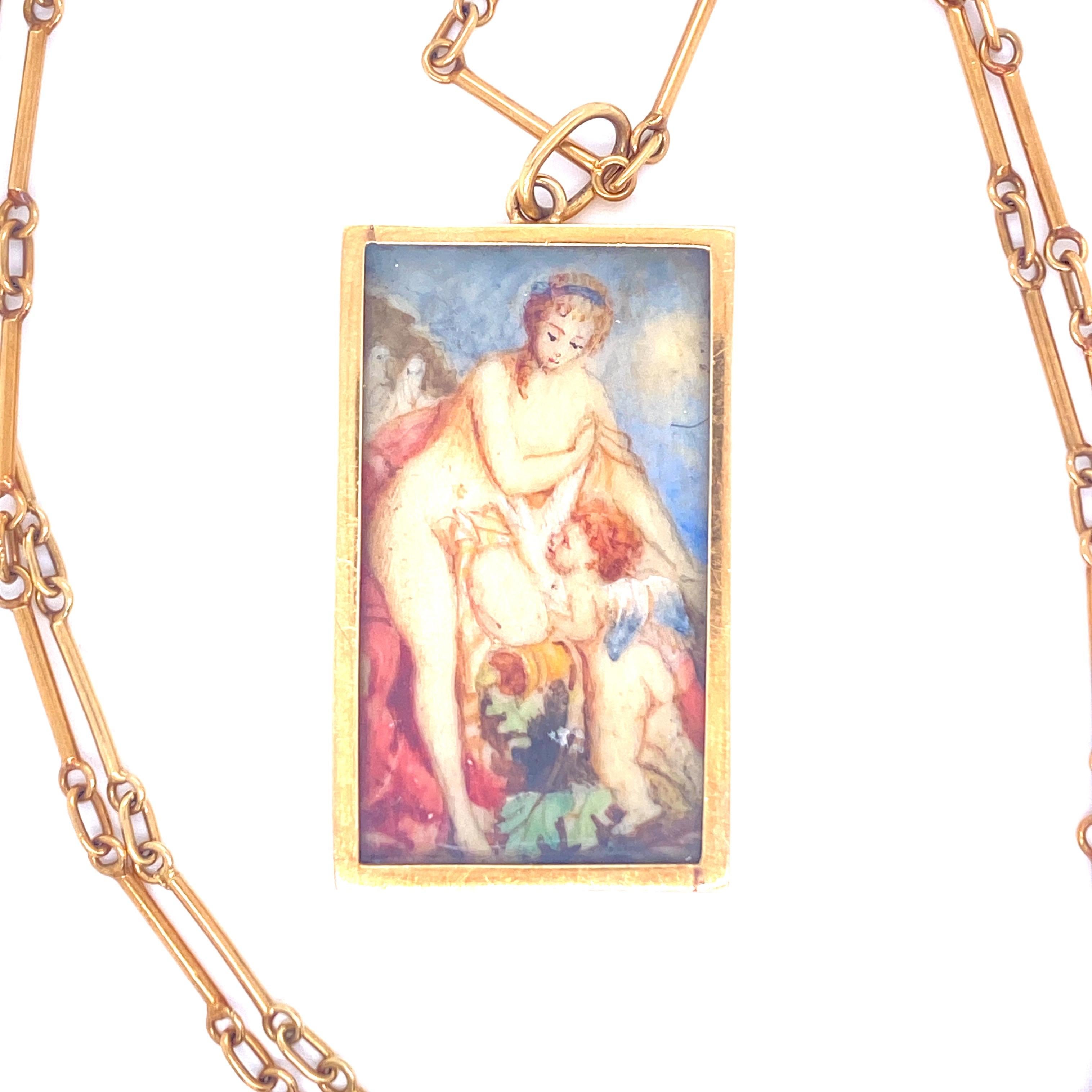 Unique authentic necklace from 1800 made of solid 18k gold.
The pendant showcase a portraits depicting a woman with a child.
Excellent condition

MEASURES: The Necklace is 33 cm (12,99 in) long
WEIGHT: 17,50 grams 

* the jewel comes with appraisal
