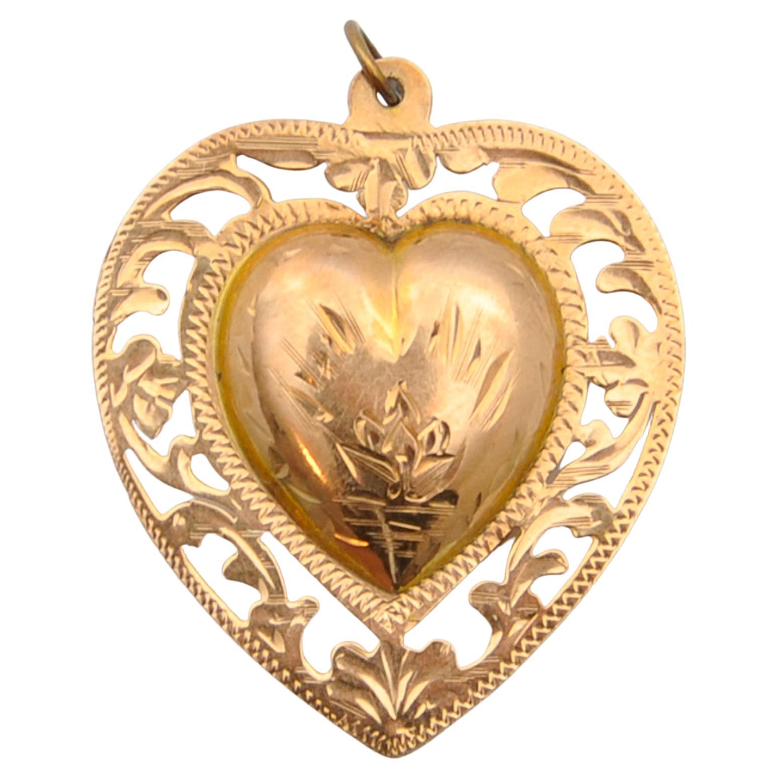 Pendentif médaillon victorien ancien en or 14 carats gravé en forme de cœur