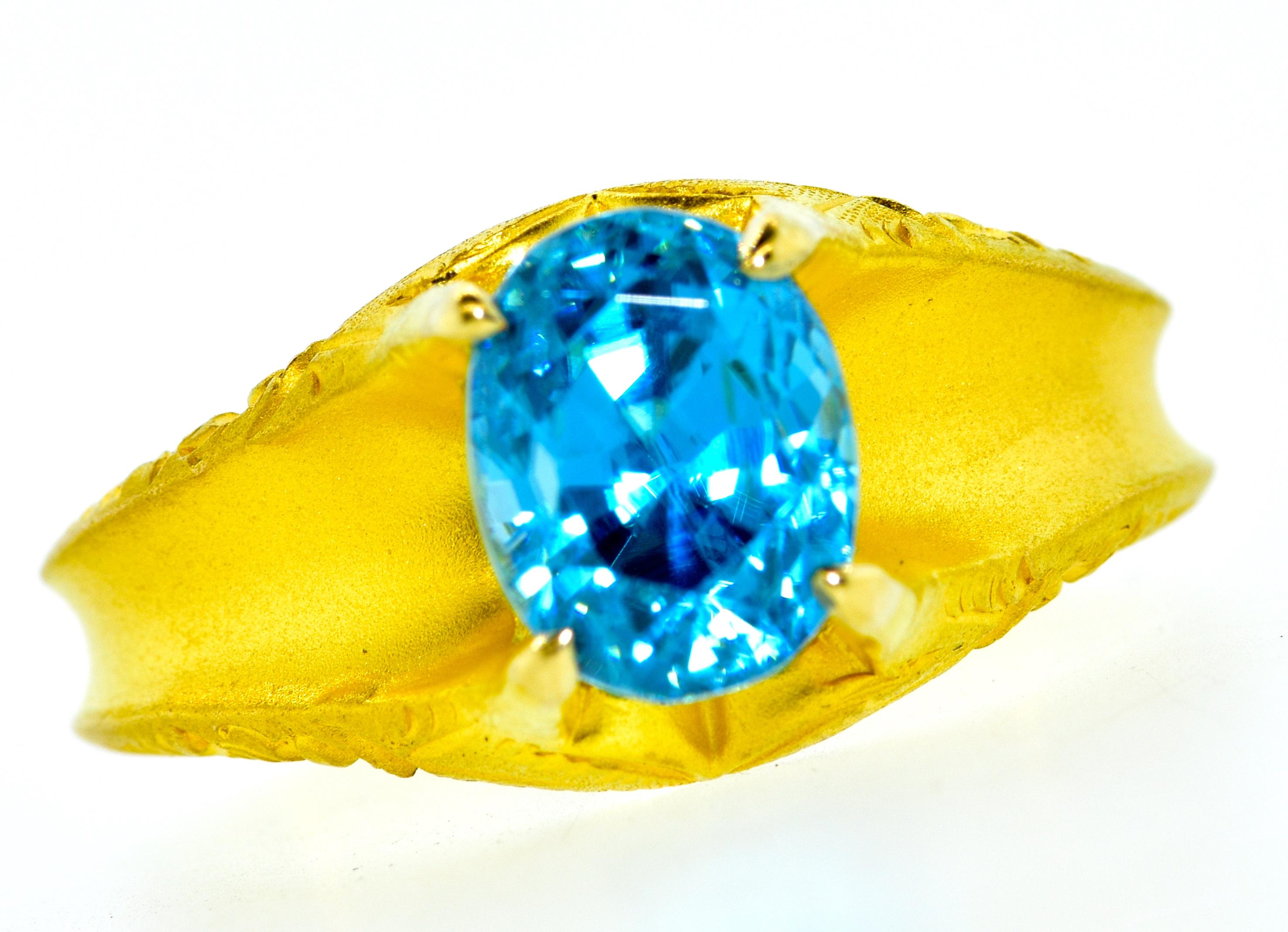 Brilliant Cut Victorian Gold Ring Centering a Natural Very Fine Blue Zircon, circa 1890