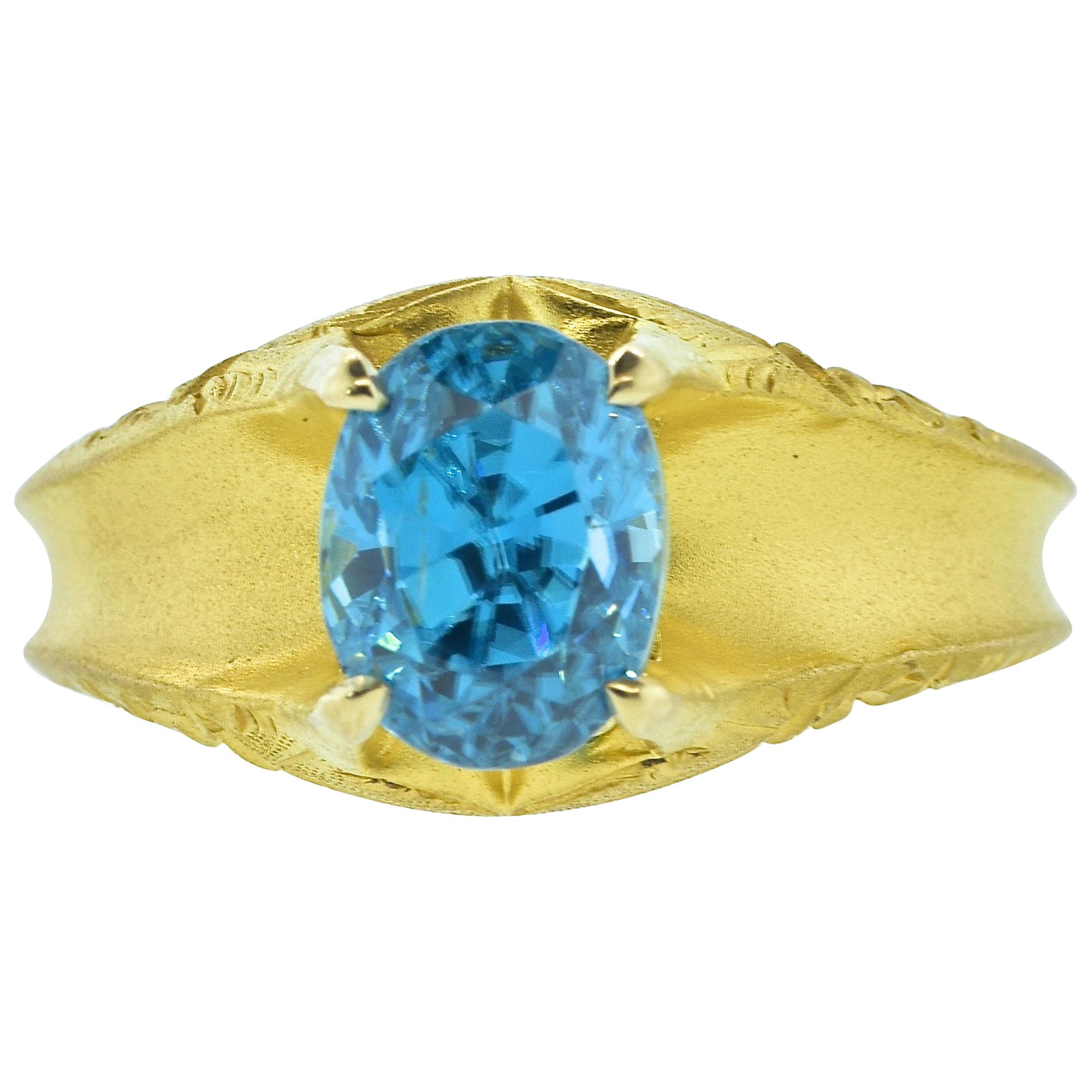 Victorian Gold Ring Centering a Natural Very Fine Blue Zircon, circa 1890