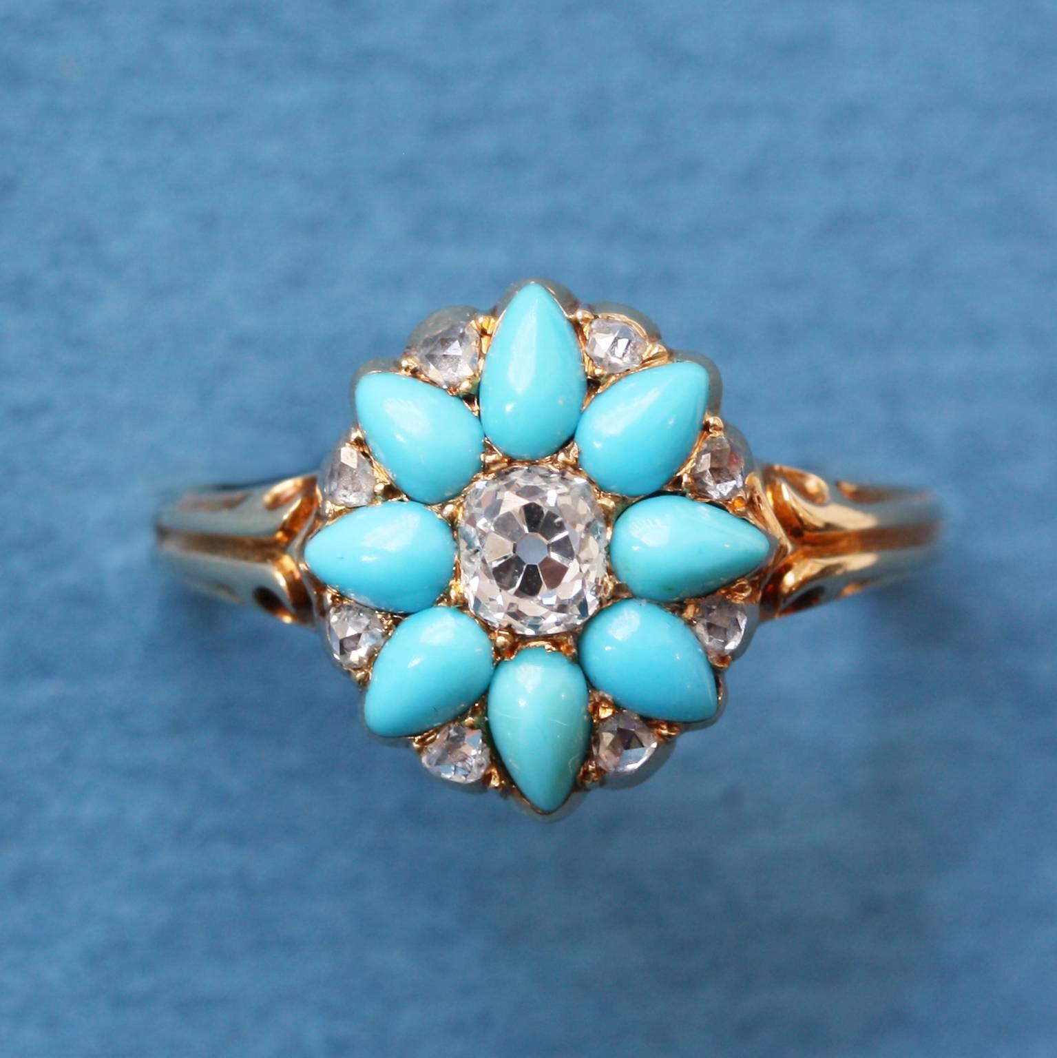 Cushion Cut Victorian Gold Ring with a Turquoise and Diamond Flower