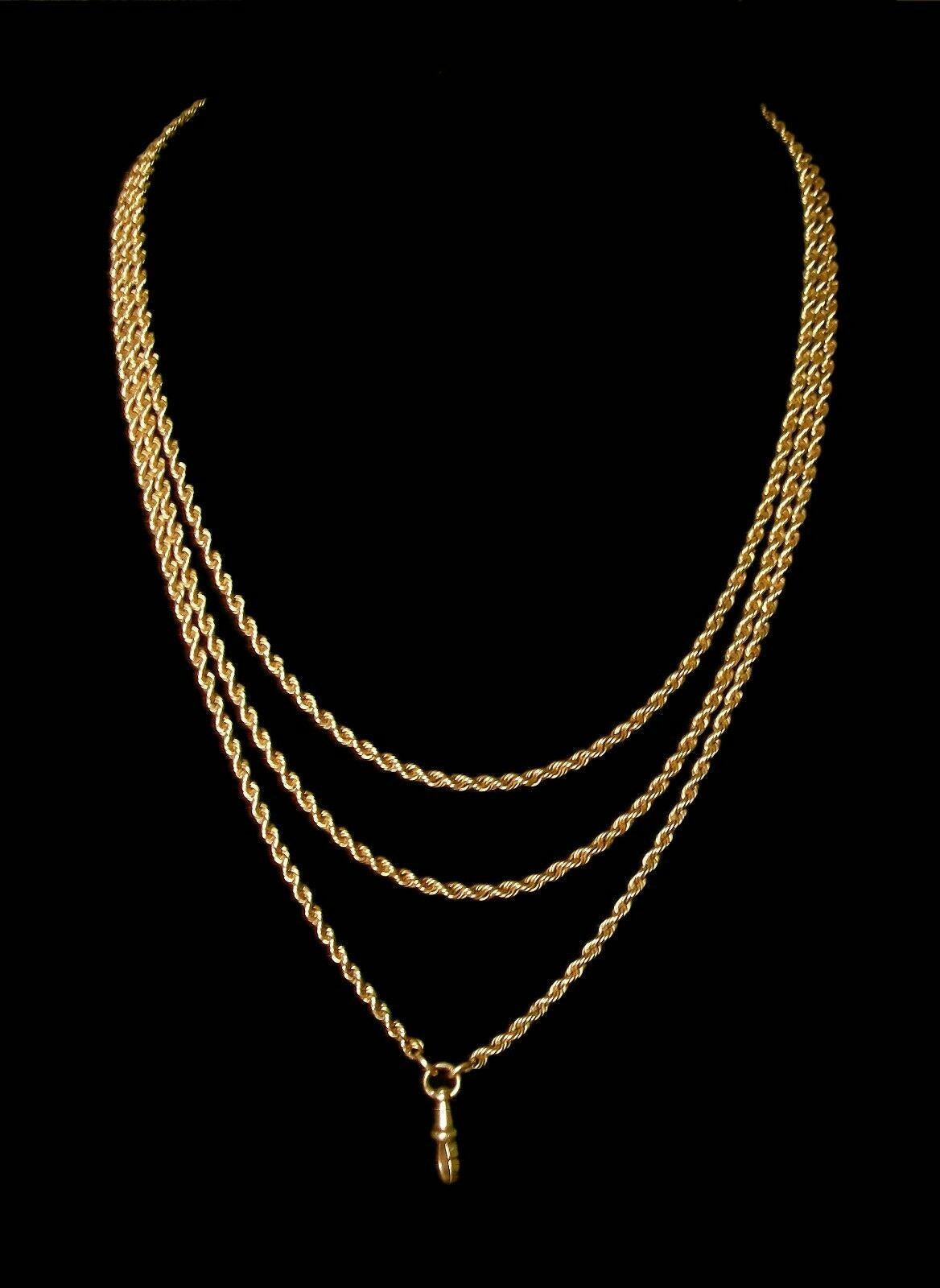 Extraordinary and rare extra long Victorian 12 Karat yellow gold rope twist pocket watch chain - now more commonly worn (with or without a pendant/fob) as a triple strand gold chain necklace - finest craftsmanship - original pocket watch hook with