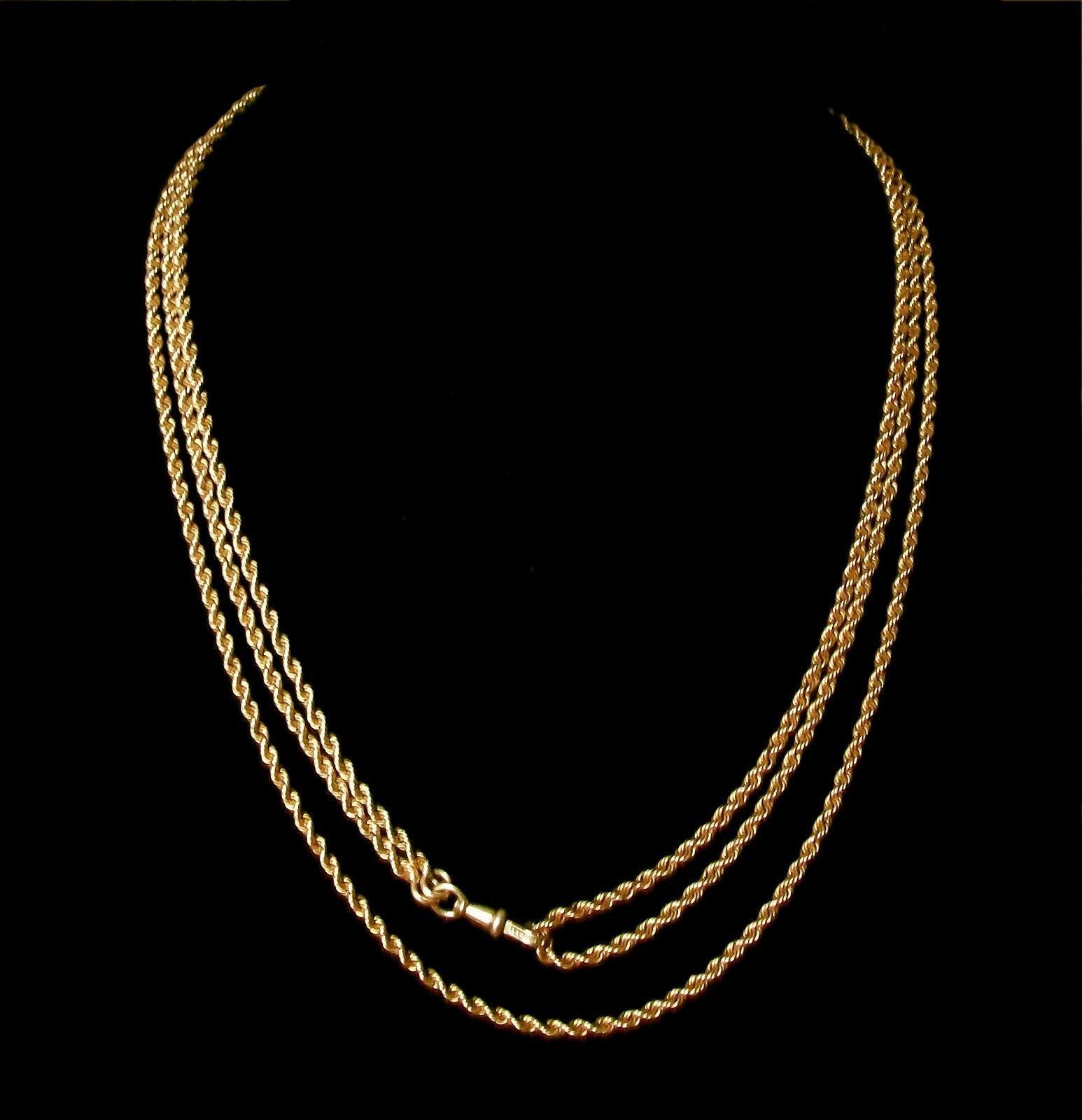 Women's or Men's Victorian Gold Rope Twist Pocket Watch Chain / Necklace, U.S, circa 1880 For Sale