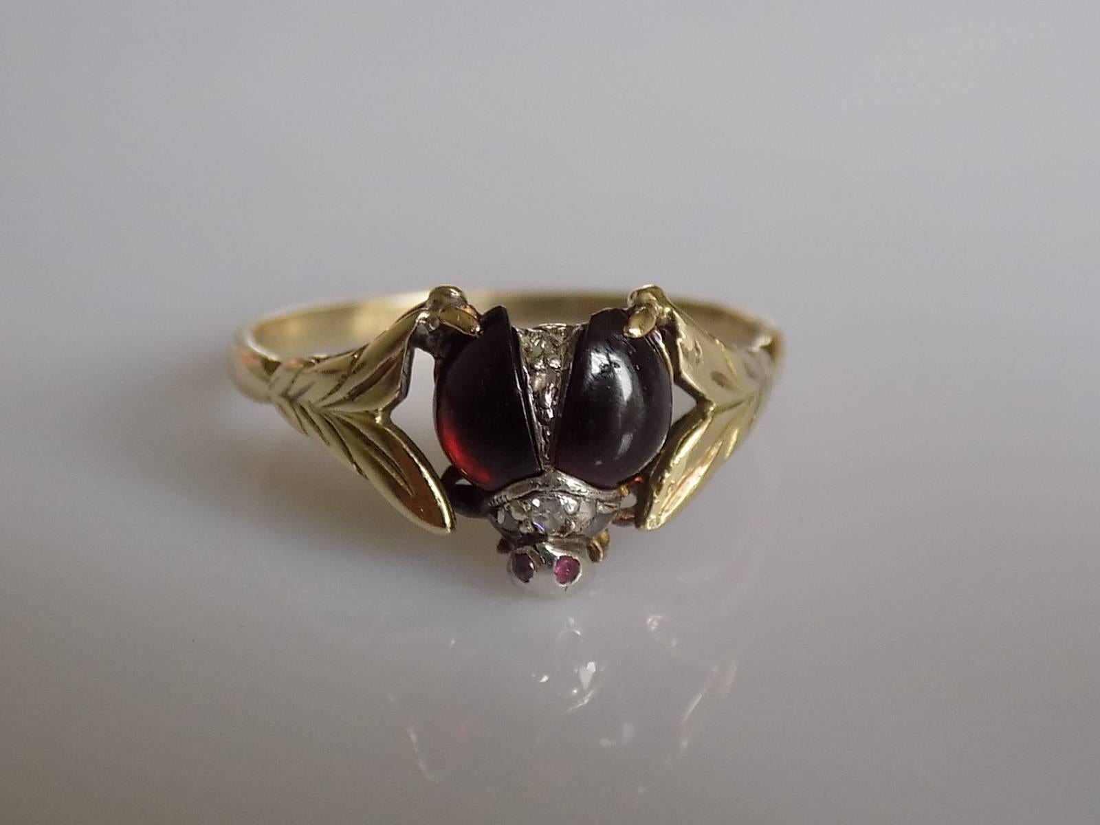 Victorian Gold Rose Cut Diamond Garnet Ladybird Ring 2