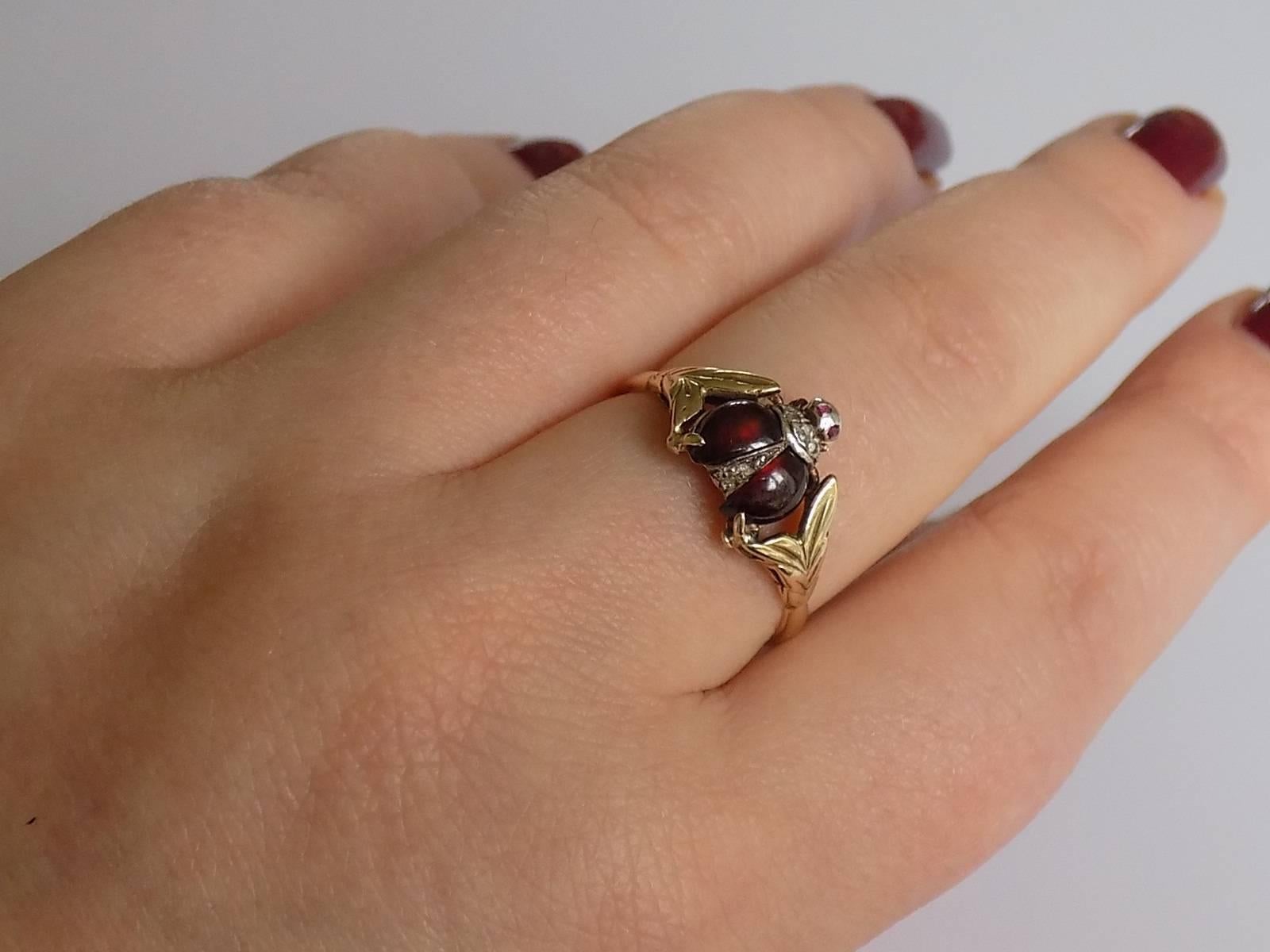 Victorian Gold Rose Cut Diamond Garnet Ladybird Ring 4