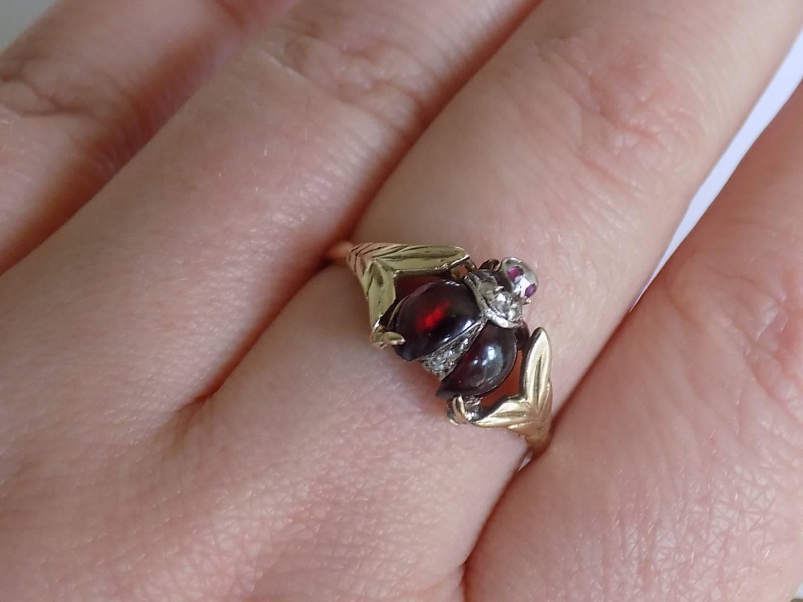 Victorian Gold Rose Cut Diamond Garnet Ladybird Ring 5