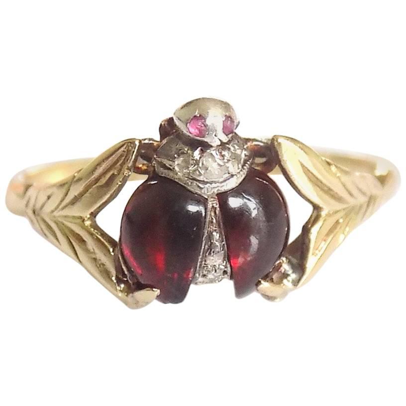 Victorian Gold Rose Cut Diamond Garnet Ladybird Ring