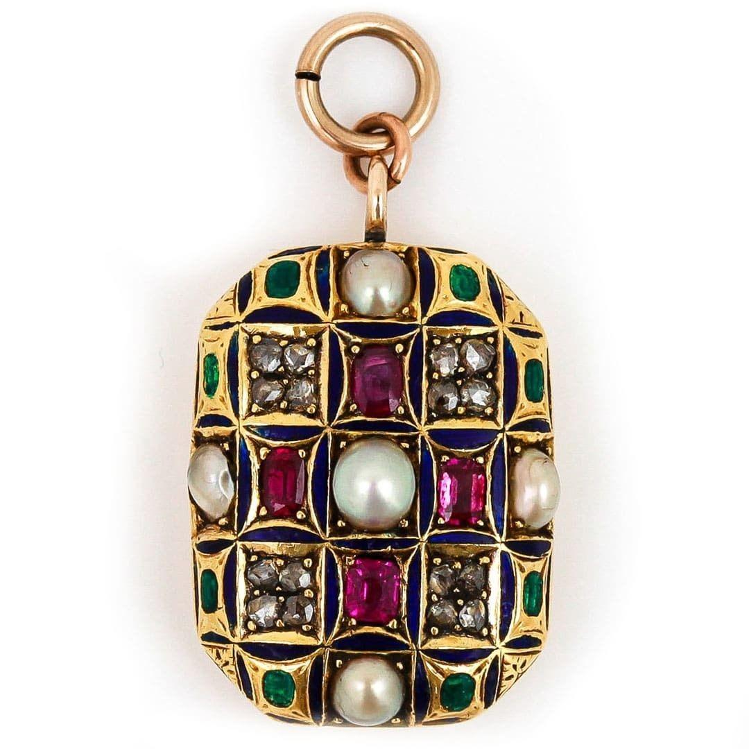 Women's Victorian Gold Rose Cut Diamond, Ruby, Pearl and Enamel Locket, Circa 1870