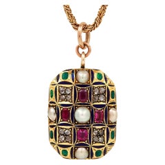 Victorian Gold Rose Cut Diamond, Ruby, Pearl and Enamel Locket, Circa 1870