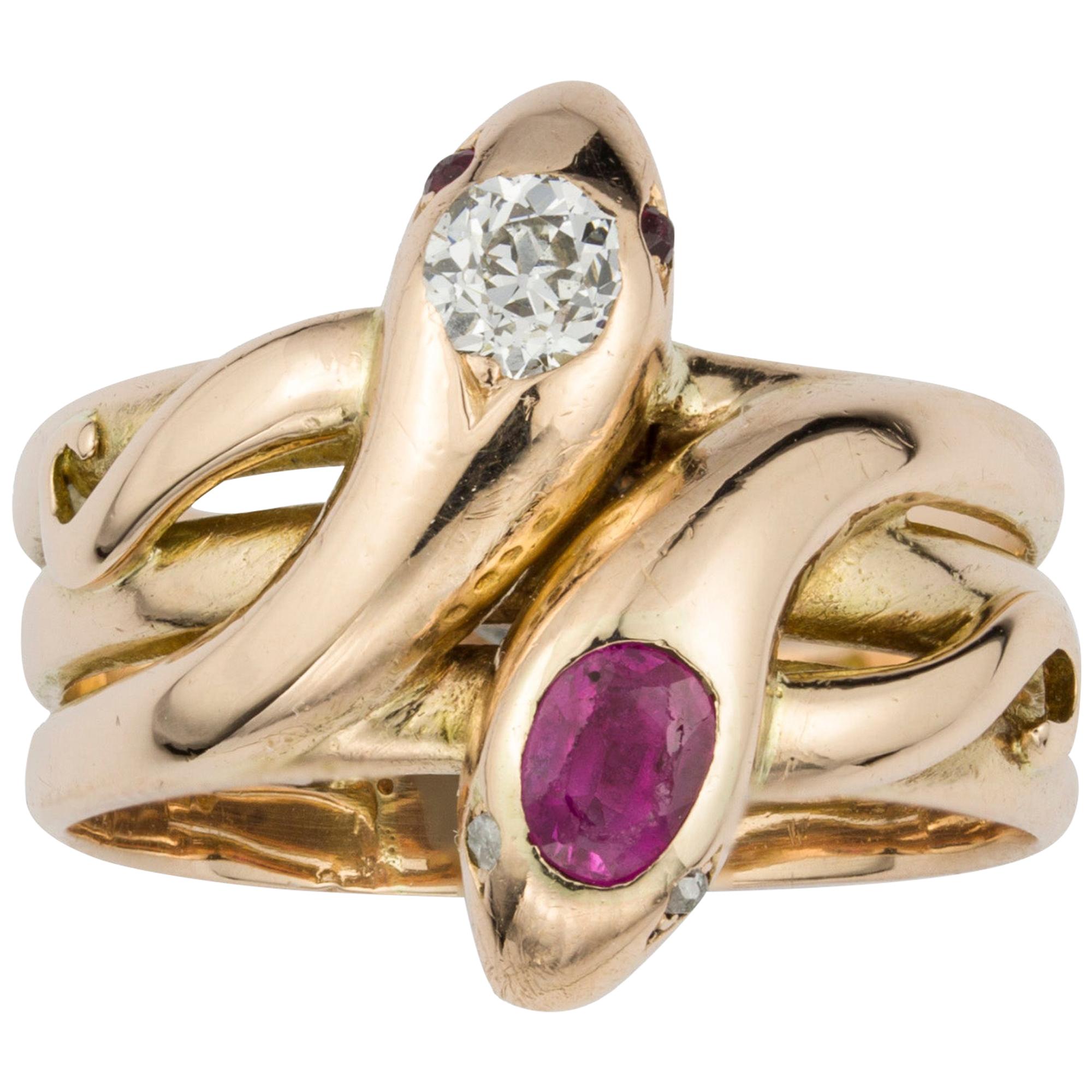 Victorian Gold, Ruby and Diamond Twin Serpent Ring