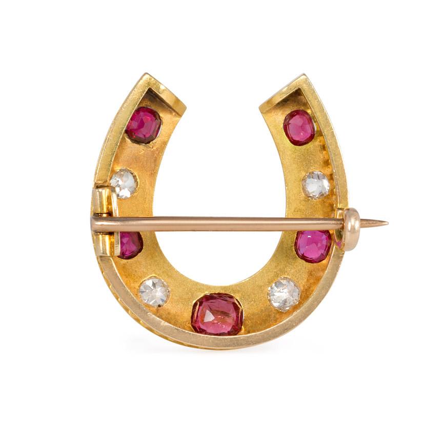 Old Mine Cut Victorian Gold, Ruby, Diamond, and Spinel Horseshoe Brooch