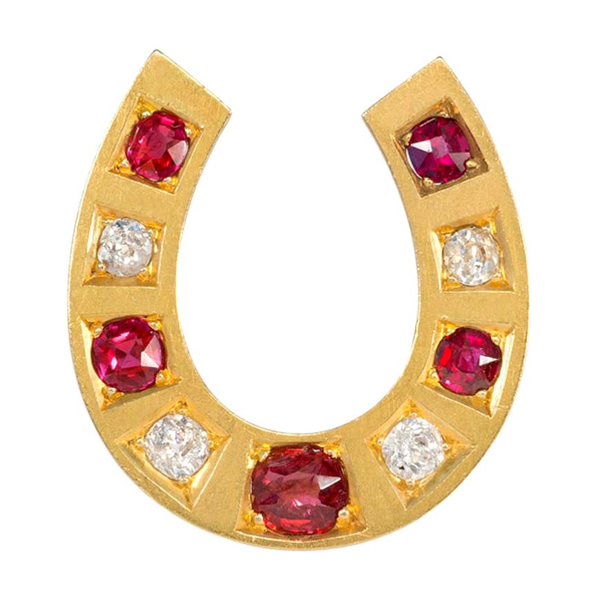 Victorian Gold, Ruby, Diamond, and Spinel Horseshoe Brooch