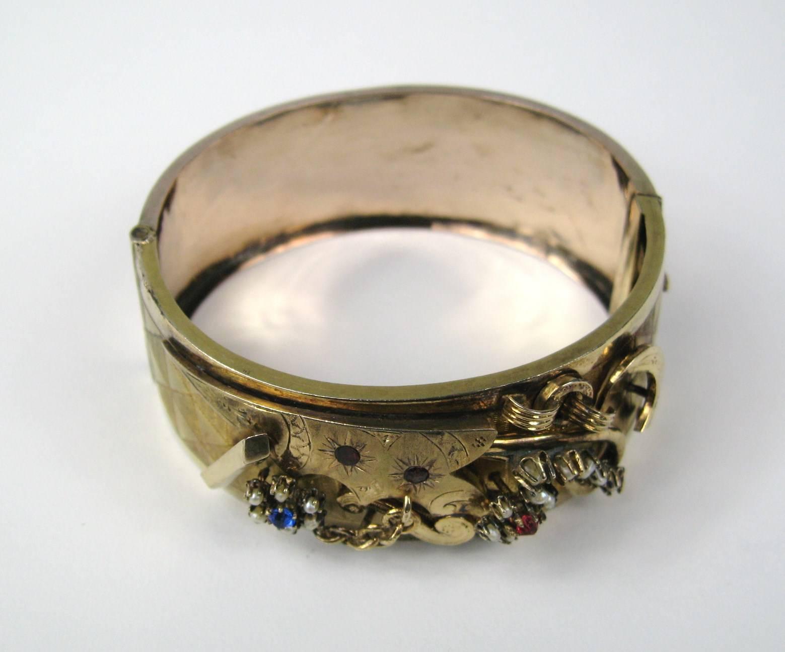 Cabochon Victorian Gold Seed Pearl Wide Bangle Bracelet, 1870s For Sale