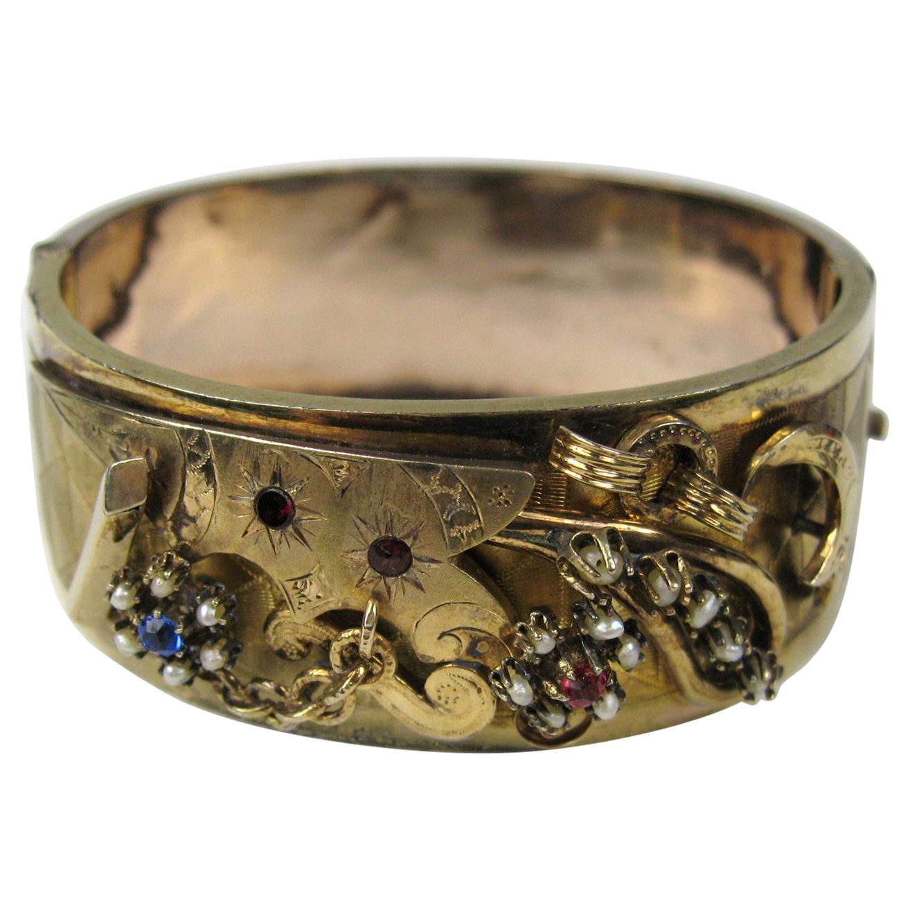 Victorian Gold Seed Pearl Wide Bangle Bracelet, 1870s For Sale