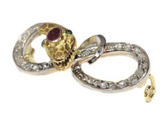 Victorian Gold Serpent Pin Set with Diamonds Curled Snake Brooch, 1900s