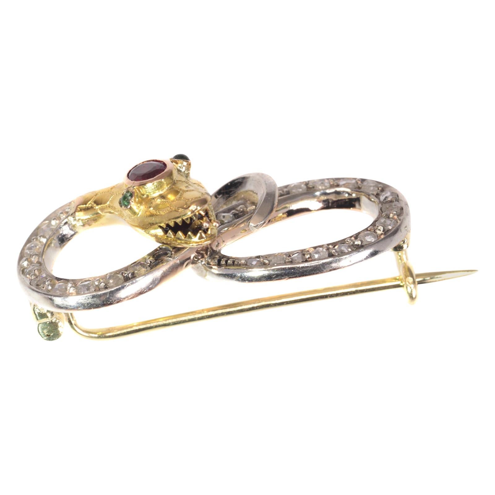 Victorian Gold Serpent Pin Set with Diamonds Curled Snake Brooch, 1900s For Sale