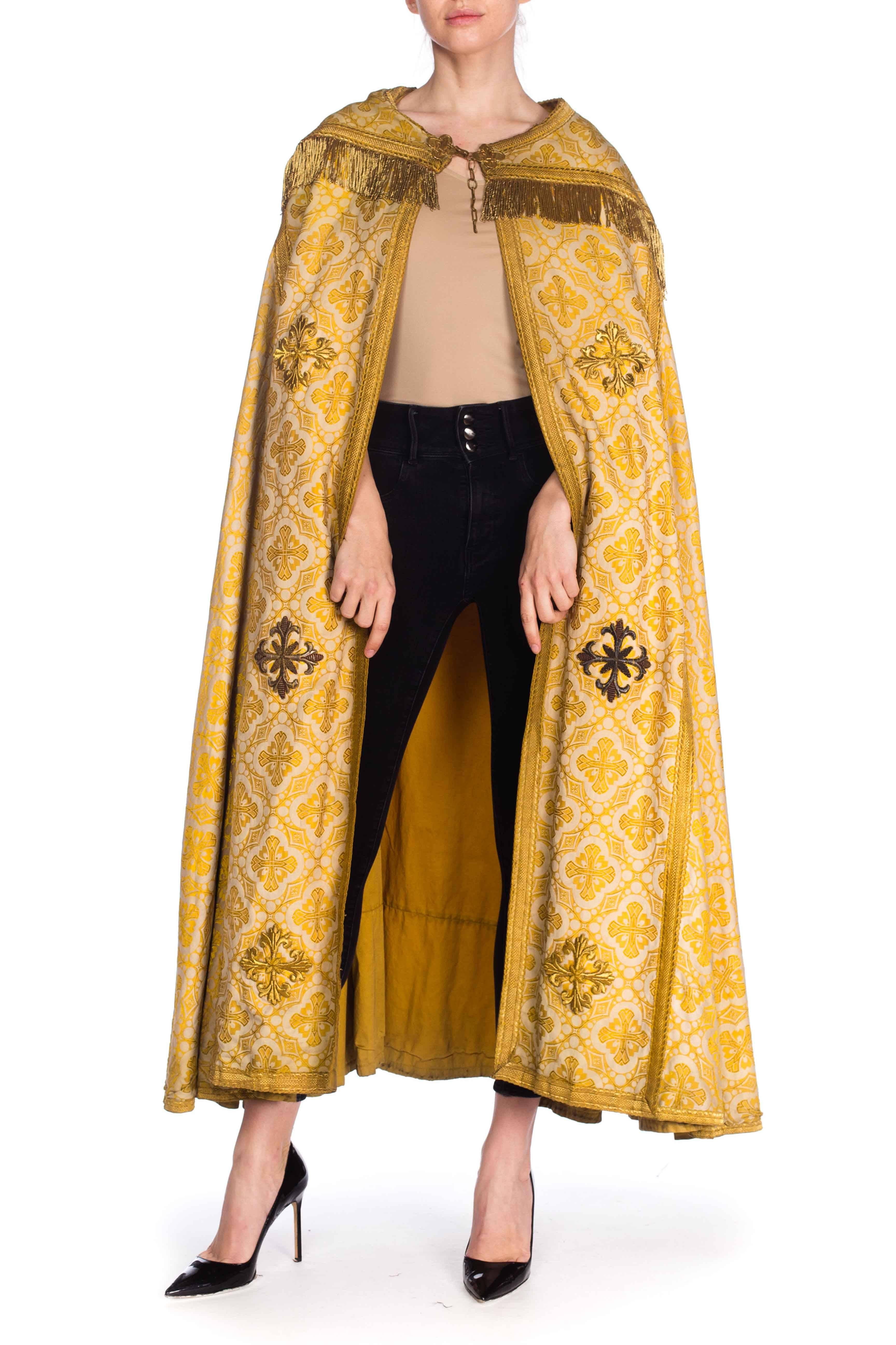 Women's or Men's Victorian Gold Silk & Cotton Brocade Long Catholic Cape With Real Fringe Embroi For Sale