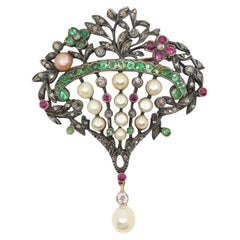 Victorian Gold & Silver Emerald Ruby Pearl Diamond Brooch