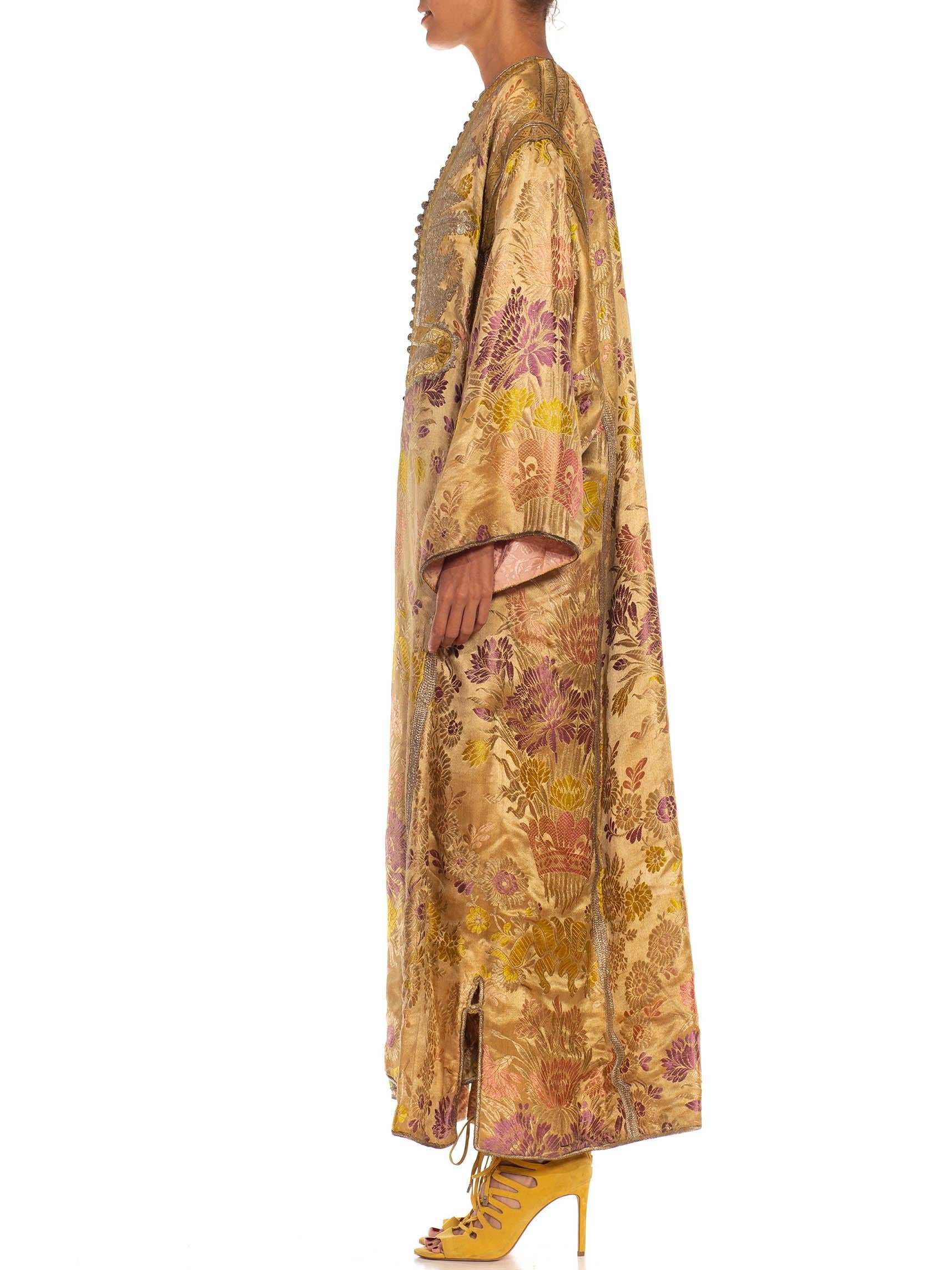Brown Victorian Gold & Silver Floral Embroidered Silk/Cotton Blend Moroccan Kaftan
