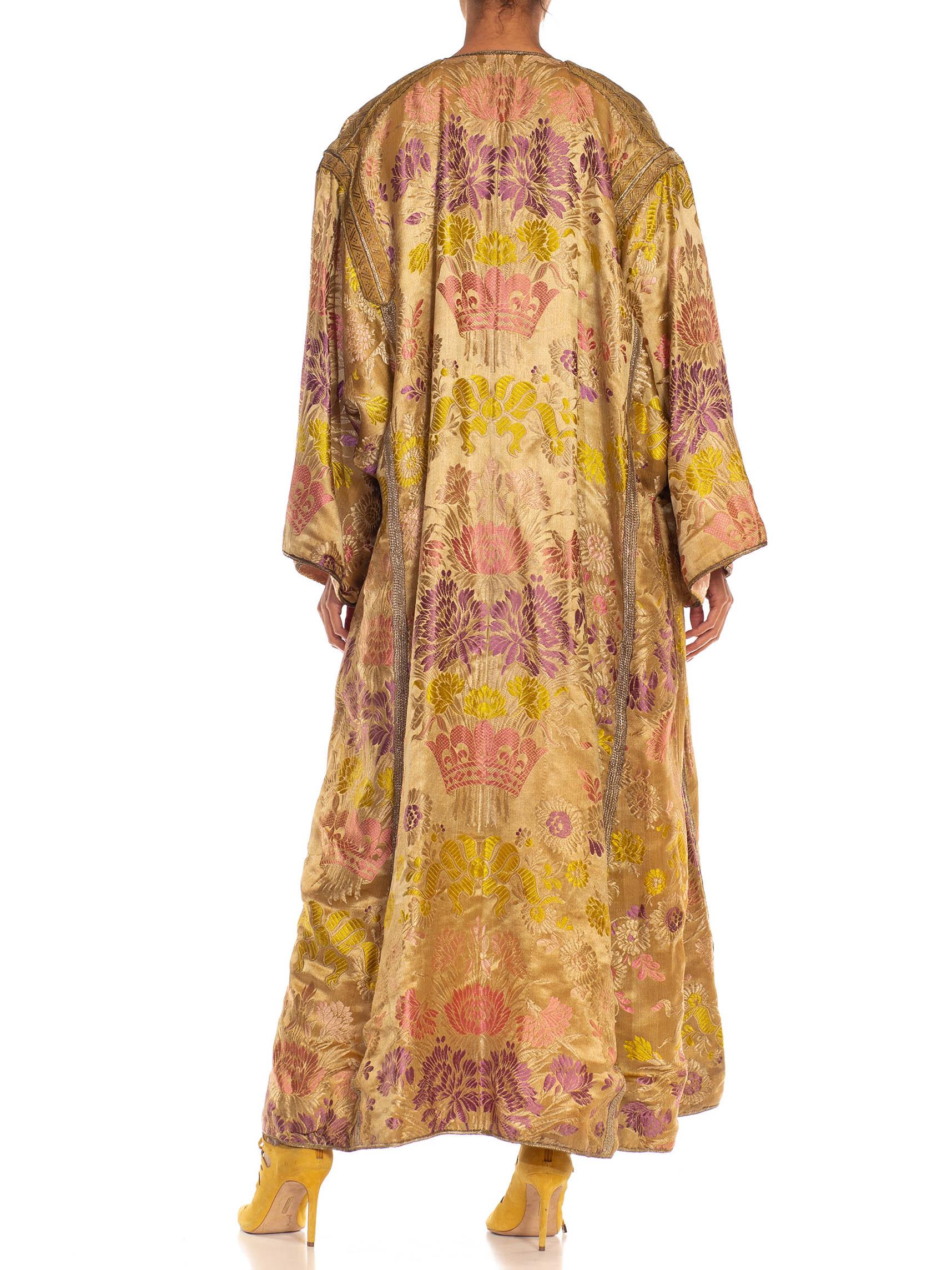 Victorian Gold & Silver Floral Embroidered Silk/Cotton Blend Moroccan Kaftan 1