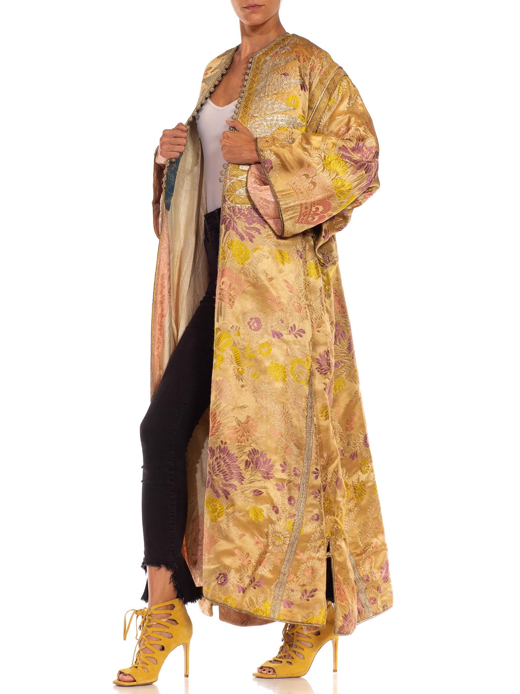 Victorian Gold & Silver Floral Embroidered Silk/Cotton Blend Moroccan Kaftan 4