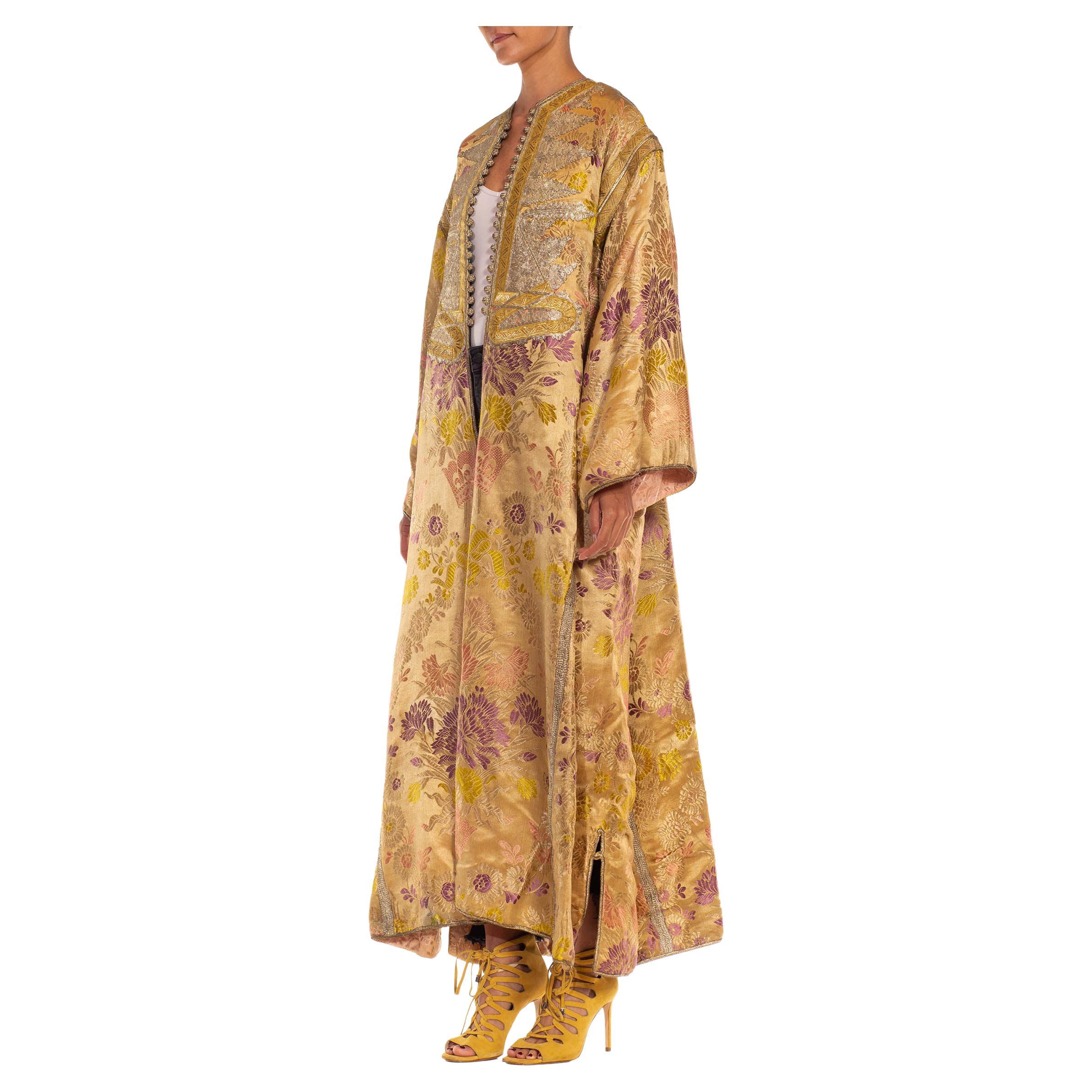 Victorian Gold & Silver Floral Embroidered Silk/Cotton Blend Moroccan Kaftan